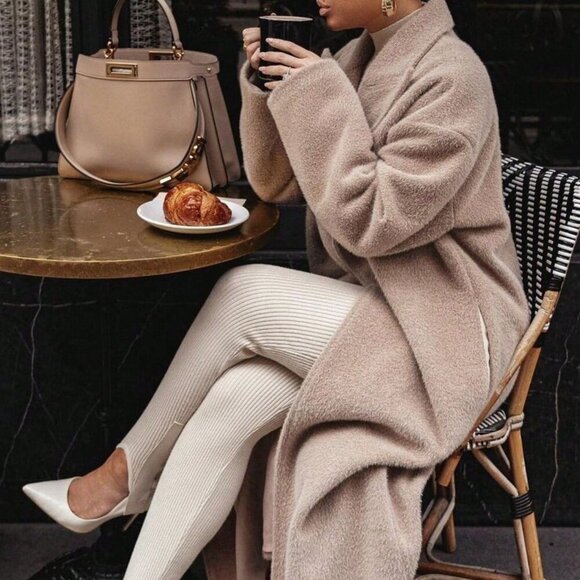 Khaki Casual Women's Tweed Plush Long Sleeved Lapel Coat - Picture 3 of 3